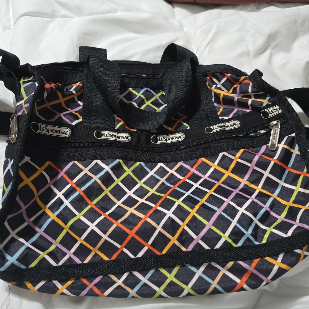 LeSportsac Crossbody Bag with Multicolor Grid on Black - Picture 2 of 4